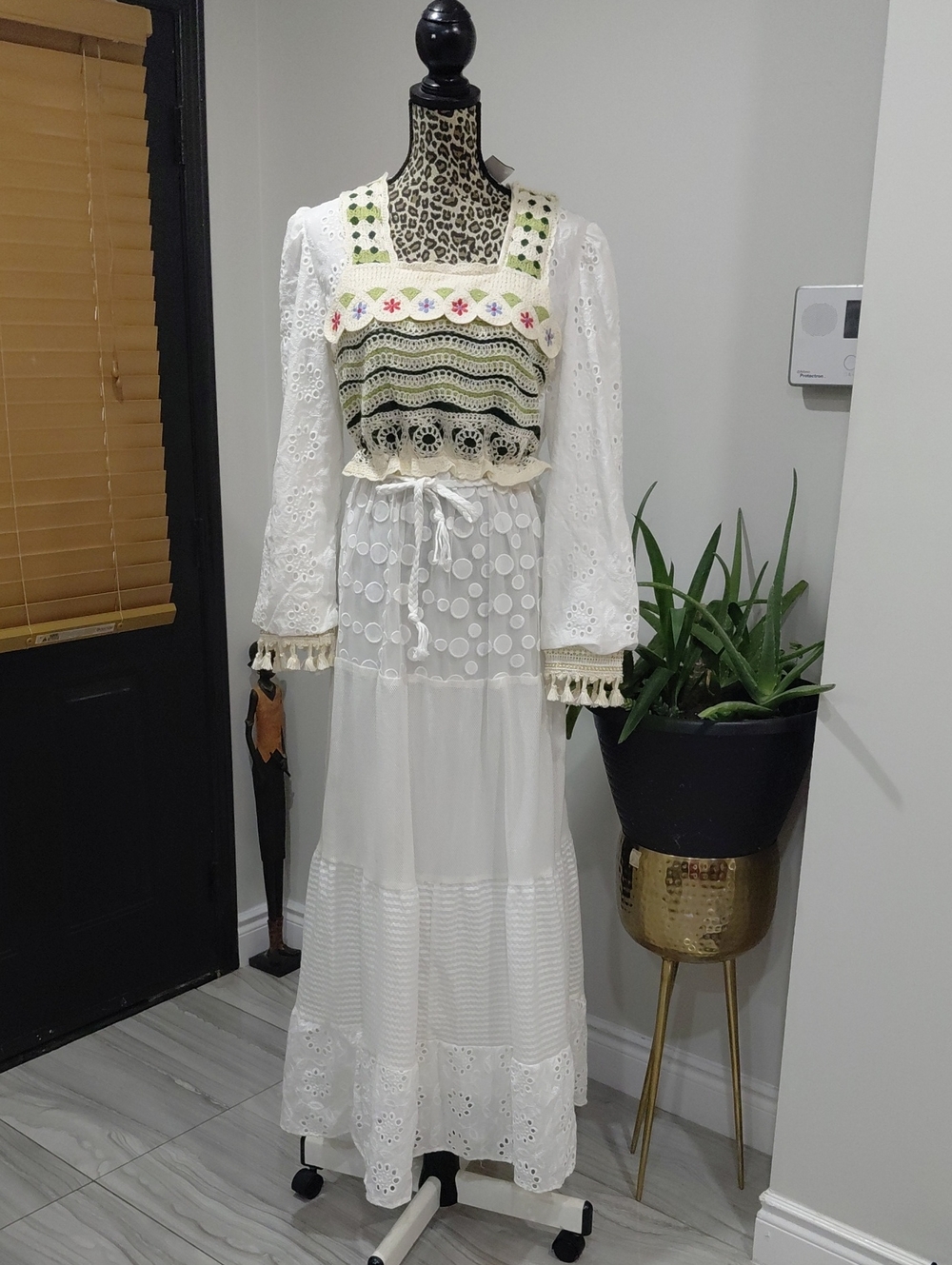 Boho White Eyelet Maxi Dress with Crochet Bodice